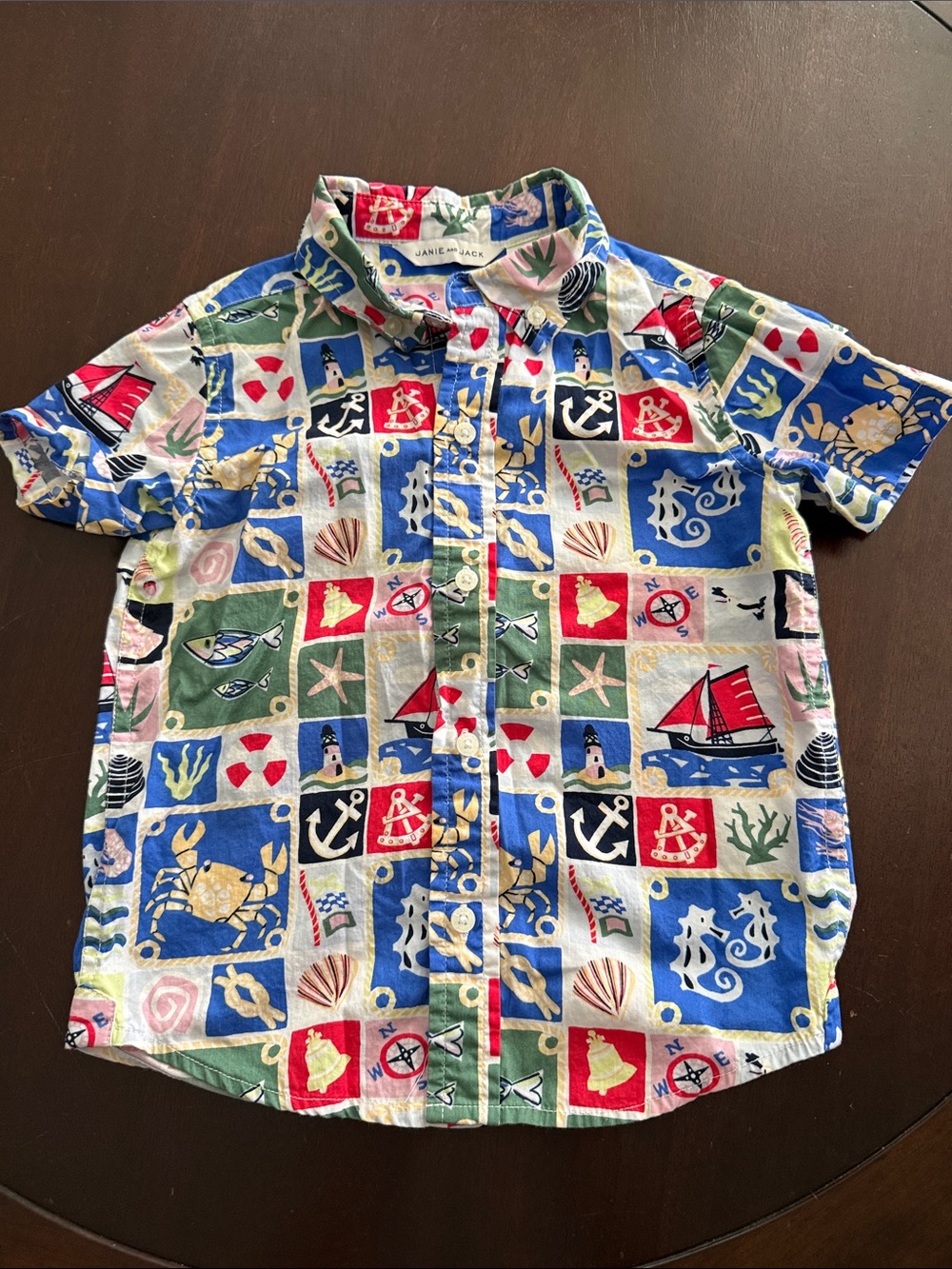 Janie and Jack Nautical Patchwork Button-Down Shirt - Blue, Red & Green